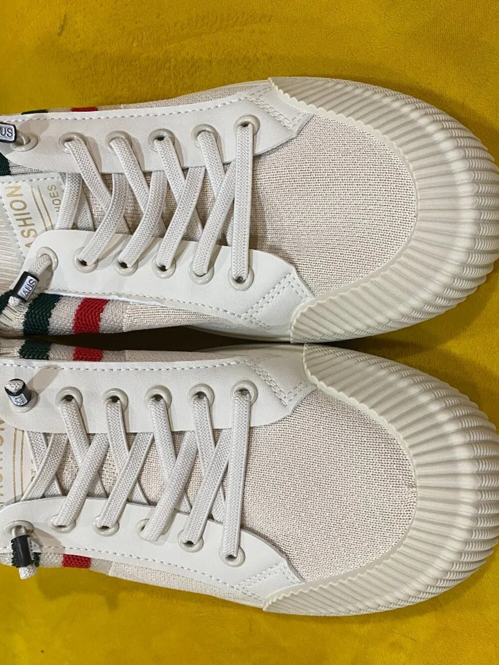 Vintage Inspired White Knit Fashion Sneakers | Green Red Stripe Casual Shoes